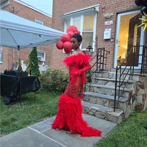 Stunning Red Feathered Gown